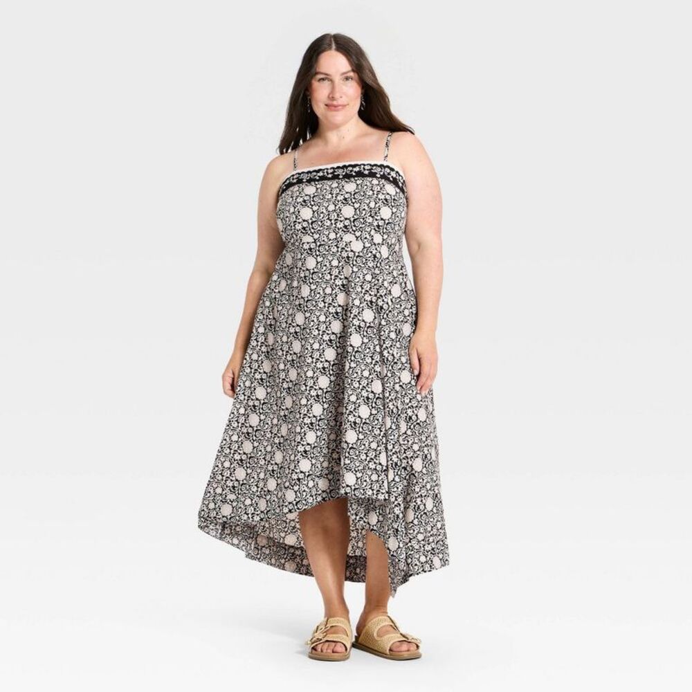 Women's Asymmetrical Midi Sundress - Universal Thread Black Floral 3X